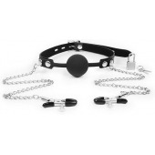 Черный кляп-шарик с зажимами на соски на металлической цепочке - Notabu - купить с доставкой в Кисловодске