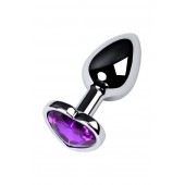 Серебристая коническая анальная пробка с фиолетовым кристаллом-сердечком - 7 см. - ToyFa - купить с доставкой в Кисловодске