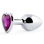 Серебристая анальная пробка с фиолетовым кристаллом-сердечком - 8 см. - Anal Jewelry Plug - купить с доставкой в Кисловодске