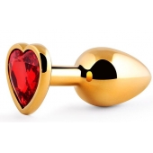 Золотистая анальная пробка с красным стразом-сердечком - 8 см. - Anal Jewelry Plug - купить с доставкой в Кисловодске