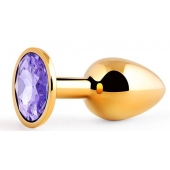 Золотистая анальная пробка с фиолетовым стразом - 7,2 см. - Anal Jewelry Plug - купить с доставкой в Кисловодске