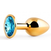 Золотистая анальная пробка с голубым стразом - 7,2 см. - Anal Jewelry Plug - купить с доставкой в Кисловодске