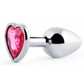 Серебристая анальная пробка с розовым кристаллом-сердечком - 7 см. - Anal Jewelry Plug - купить с доставкой в Кисловодске