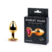 Золотистая анальная пробка с малиновым кристаллом-сердечком - 7 см. - Anal Jewelry Plug - купить с доставкой в Кисловодске