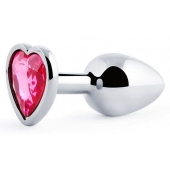 Серебристая анальная пробка с малиновым кристаллом-сердечком - 7 см. - Anal Jewelry Plug - купить с доставкой в Кисловодске