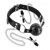 Жесткий шар-кляп с зажимами для сосков - Fetish Tentation - купить с доставкой в Кисловодске