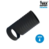 Черная открытая насадка на пенис с кольцом для мошонки L-size - 8,5 см. - Sex Expert - в Кисловодске купить с доставкой