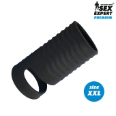 Черная открытая насадка на пенис с кольцом для мошонки XXL-size - 9,4 см. - Sex Expert - в Кисловодске купить с доставкой