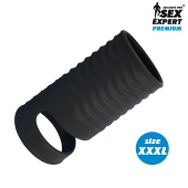 Черная открытая насадка на пенис с кольцом для мошонки XXXL-size - 9,9 см. - Sex Expert - в Кисловодске купить с доставкой