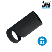 Черная открытая насадка на пенис с кольцом для мошонки XL-size - 8,9 см. - Sex Expert - в Кисловодске купить с доставкой