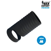 Черная открытая насадка на пенис с кольцом для мошонки size M - 7,9 см. - Sex Expert - в Кисловодске купить с доставкой