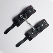 Черные кожаные наручники с красной строчкой - Crazy Handmade - купить с доставкой в Кисловодске