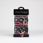 Черные кожаные наручники с розовой строчкой - Crazy Handmade - купить с доставкой в Кисловодске