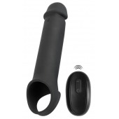 Черная вибронасадка для пениса с хомутом для мошонки и пультом ДУ Remote Controlled Penis Extension - Orion - в Кисловодске купить с доставкой