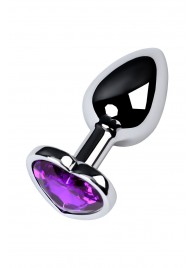 Серебристая коническая анальная пробка с фиолетовым кристаллом-сердечком - 7 см. - ToyFa - купить с доставкой в Кисловодске