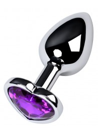 Серебристая коническая анальная пробка с фиолетовым кристаллом-сердечком - 7 см. - ToyFa - купить с доставкой в Кисловодске