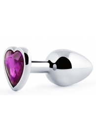 Серебристая анальная пробка с фиолетовым кристаллом-сердечком - 8 см. - Anal Jewelry Plug - купить с доставкой в Кисловодске