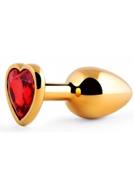 Золотистая анальная пробка с красным стразом-сердечком - 8 см. - Anal Jewelry Plug - купить с доставкой в Кисловодске