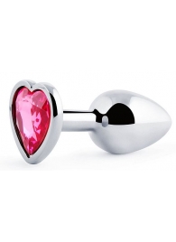 Серебристая анальная пробка с розовым кристаллом-сердечком - 7 см. - Anal Jewelry Plug - купить с доставкой в Кисловодске