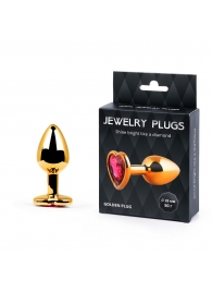 Золотистая анальная пробка с малиновым кристаллом-сердечком - 7 см. - Anal Jewelry Plug - купить с доставкой в Кисловодске