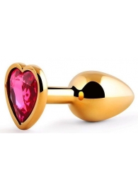 Золотистая анальная пробка с малиновым кристаллом-сердечком - 7 см. - Anal Jewelry Plug - купить с доставкой в Кисловодске