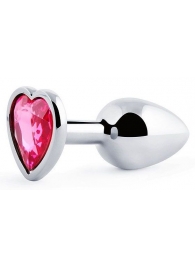 Серебристая анальная пробка с малиновым кристаллом-сердечком - 7 см. - Anal Jewelry Plug - купить с доставкой в Кисловодске
