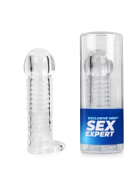 Прозрачная рельефная насадка-реалистик с петлей для мошонки - 13,5 см. - Sex Expert - в Кисловодске купить с доставкой