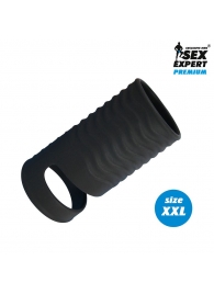 Черная открытая насадка на пенис с кольцом для мошонки XXL-size - 9,4 см. - Sex Expert - в Кисловодске купить с доставкой