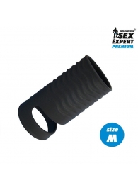 Черная открытая насадка на пенис с кольцом для мошонки size M - 7,9 см. - Sex Expert - в Кисловодске купить с доставкой