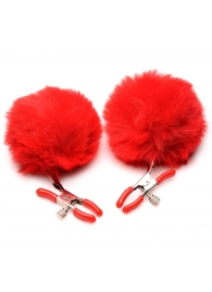 Красные зажимы на соски с помпонами Pom Pom - XR Brands - купить с доставкой в Кисловодске