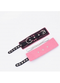Черно-розовые кожаные наручники с розовой строчкой - Crazy Handmade - купить с доставкой в Кисловодске