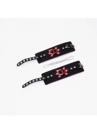 Черные кожаные наручники с красным декором и строчкой - Crazy Handmade - купить с доставкой в Кисловодске