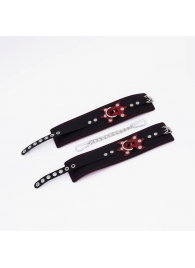 Черные кожаные оковы с красным декором и строчкой - Crazy Handmade - купить с доставкой в Кисловодске