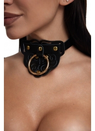Черный фигурный кожаный ошейник с золотистой фурнитурой - Crazy Handmade - купить с доставкой в Кисловодске