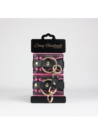 Черные кожаные наручники с розовой строчкой - Crazy Handmade - купить с доставкой в Кисловодске