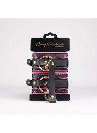 Черные кожаные оковы с розовой строчкой - Crazy Handmade - купить с доставкой в Кисловодске