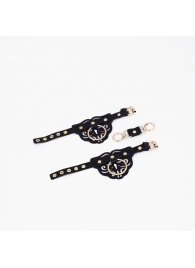 Черные кожаные наручники с клепками, кольцами и золотистой фурнитурой - Crazy Handmade - купить с доставкой в Кисловодске