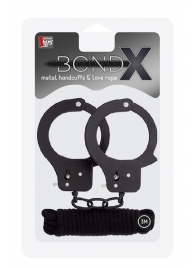 Чёрные наручники из листового металла в комплекте с веревкой BONDX METAL CUFFS LOVE ROPE SET - Dream Toys - купить с доставкой в Кисловодске
