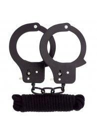 Чёрные наручники из листового металла в комплекте с веревкой BONDX METAL CUFFS LOVE ROPE SET - Dream Toys - купить с доставкой в Кисловодске