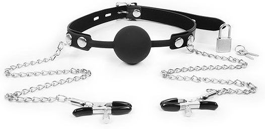 Черный кляп-шарик с зажимами на соски на металлической цепочке - Notabu - купить с доставкой в Кисловодске