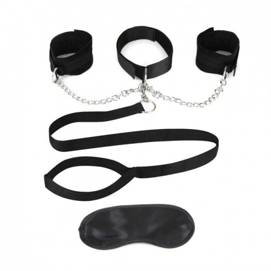 Чёрный ошейник с наручниками и поводком Collar Cuffs   Leash Set - Lux Fetish - купить с доставкой в Кисловодске