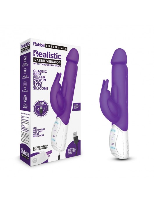 Фиолетовый перезаряжаемый вибратор с клиторальным стимулятором - 25 см. - Rabbit Essentials