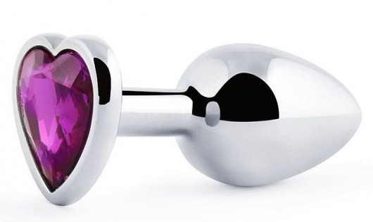 Серебристая анальная пробка с фиолетовым кристаллом-сердечком - 8 см. - Anal Jewelry Plug - купить с доставкой в Кисловодске