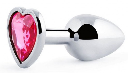 Серебристая анальная пробка с розовым кристаллом-сердечком - 7 см. - Anal Jewelry Plug - купить с доставкой в Кисловодске