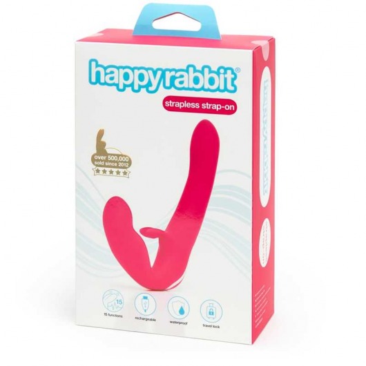 Ярко-розовый безремневой страпон Rechargeable Vibrating Strapless Strap-On - Happy Rabbit - купить с доставкой в Кисловодске