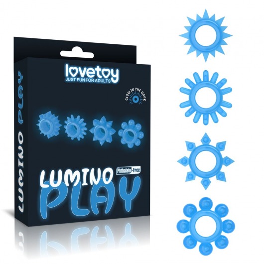 Набор из 4 голубых, светящихся в темноте эрекционных колец Lumino Play - Lovetoy - в Кисловодске купить с доставкой