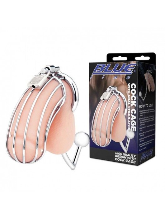 Серебристая металлическая клетка с анальным стимулятором Cock Cage - BlueLine - купить с доставкой в Кисловодске