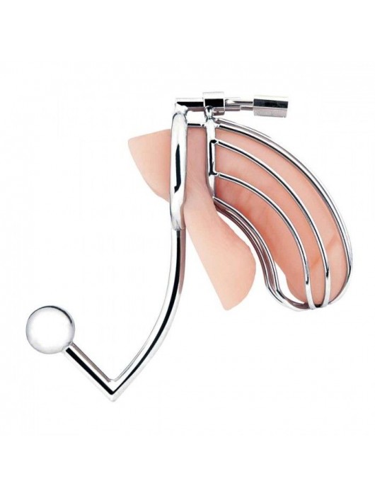 Серебристая металлическая клетка с анальным стимулятором Cock Cage - BlueLine - купить с доставкой в Кисловодске