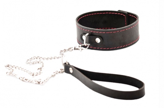 Черный широкий ошейник с красной строчкой и поводком - Crazy Handmade - купить с доставкой в Кисловодске