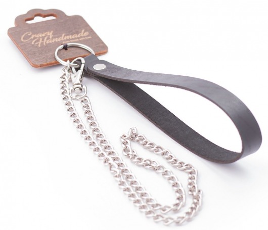 Серебристый металлический поводок с кожаной черной ручкой - 80 см. - Crazy Handmade - купить с доставкой в Кисловодске